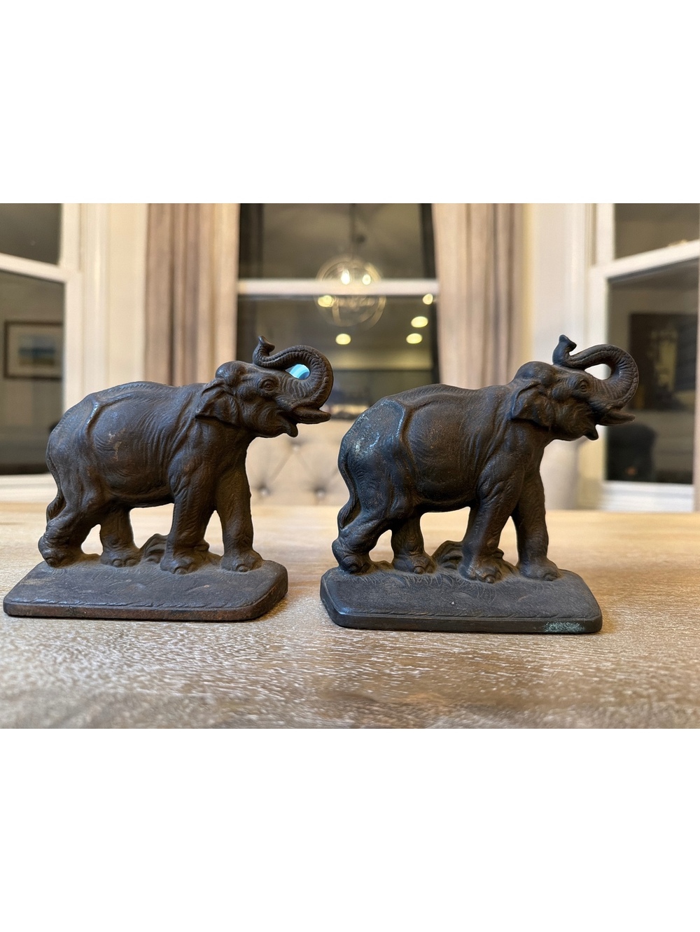 Antique Hubley Cast Iron Elephant Bookends Pair Marked 373 Circa 1920s Trunk Up